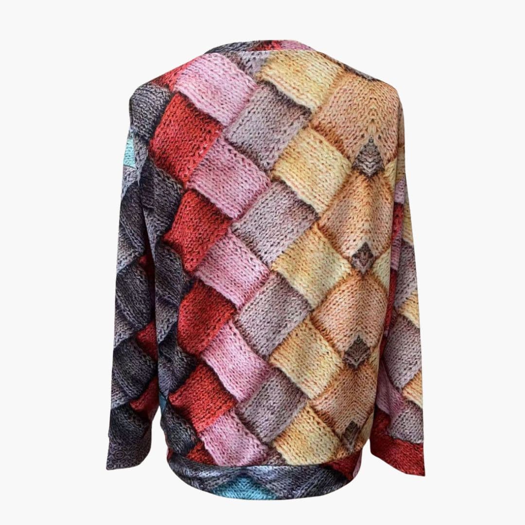 Women's Round Neck Pullover with Multicolored Woven Pattern