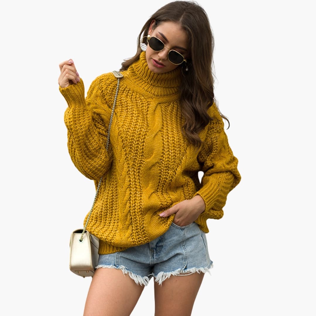 Camisola de Malha Grossa com Gola Alta e Ponto Torcido para Mulher