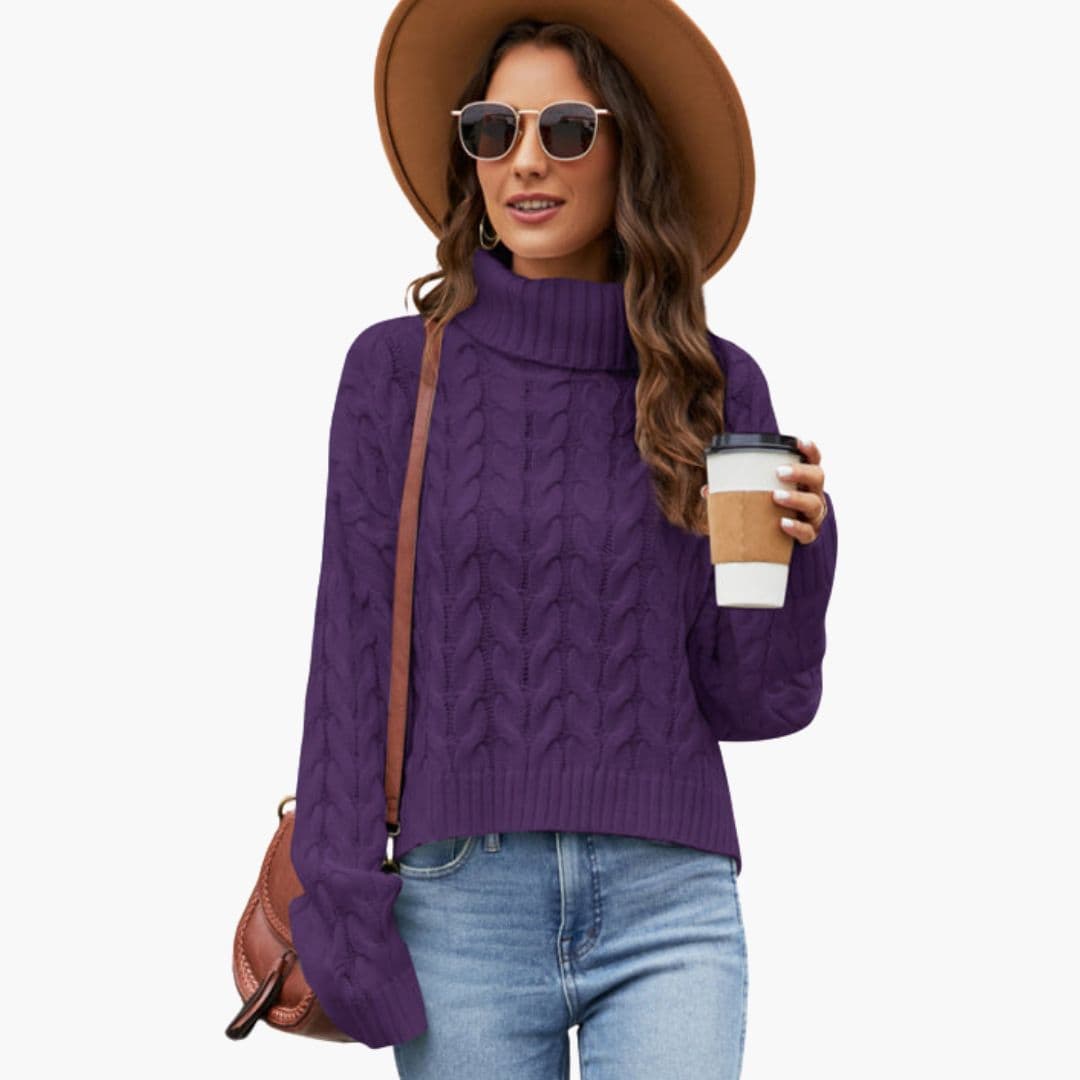 Camisola de Malha Feminina com Gola Alta e Ponto Torcido com Tricô de Cabo