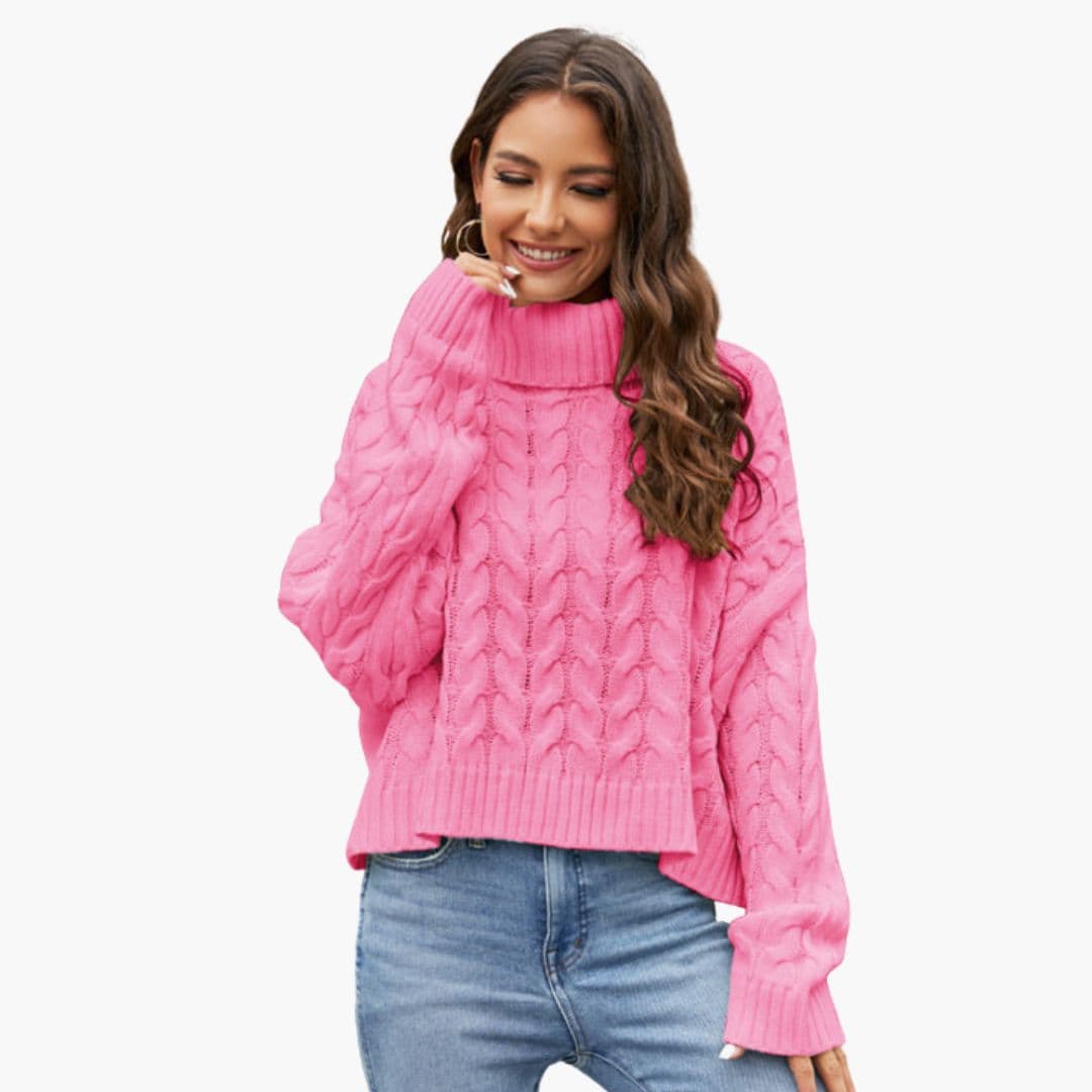 Camisola de Malha Feminina com Gola Alta e Ponto Torcido com Tricô de Cabo