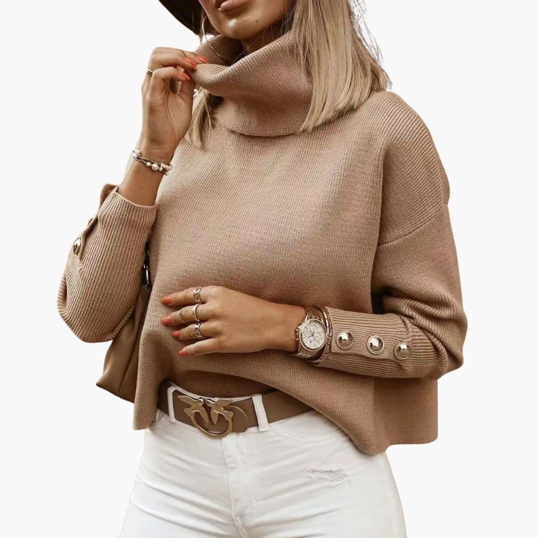 Camisola de Malha Feminina com Gola Alta, Botões e Mangas Compridas