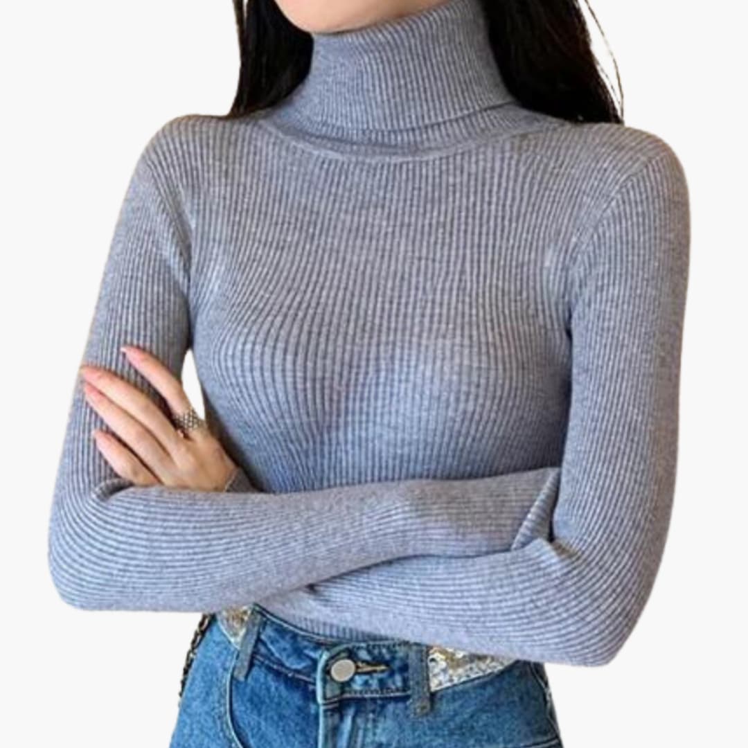 Pull Femme Col Roulé avec Maille Côtelée et Manches Longues