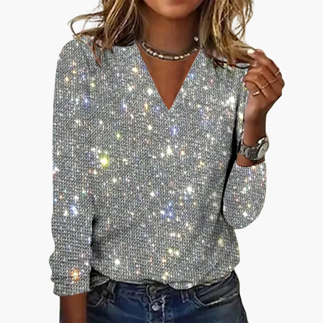 Pull Femme Col V avec Sequins et Manches Longues
