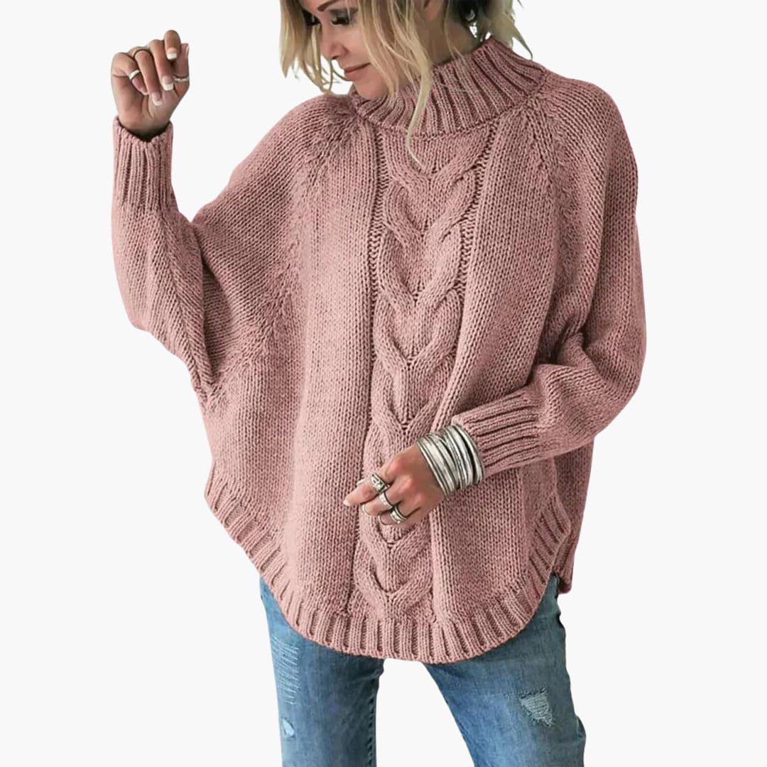 Pull Femme Large en Maille avec Col Roulé et Motif Torsadé