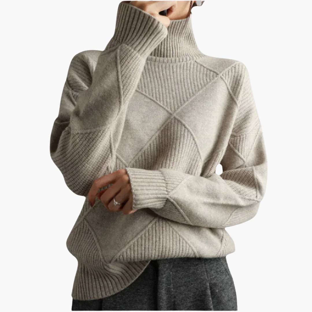 Pull Femme à Col Roulé avec Motif Côtelé Géométrique