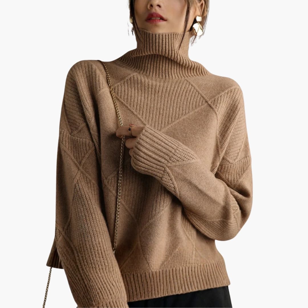 Pull Femme à Col Roulé avec Motif Côtelé Géométrique