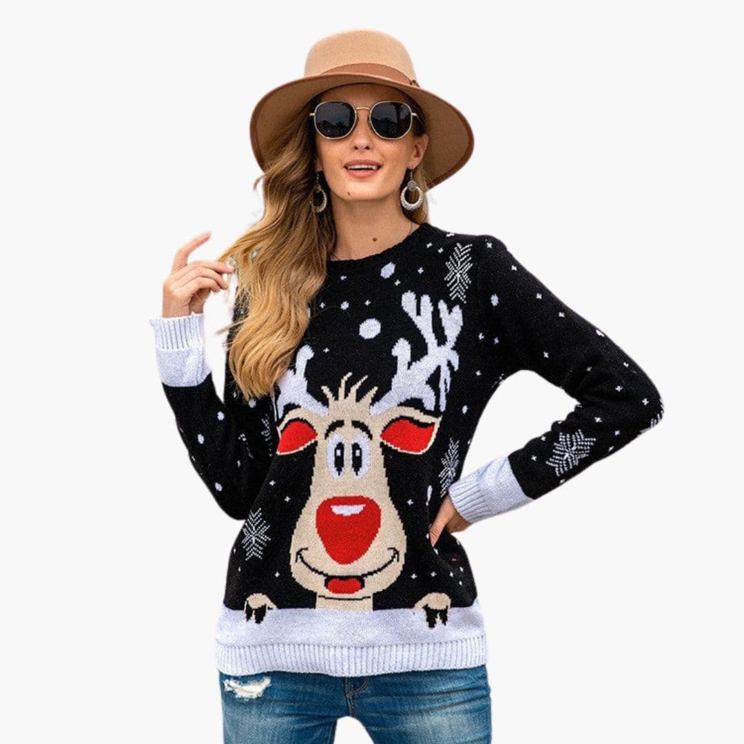 Pull Femme avec Motif Renne et Finitions Côtelées