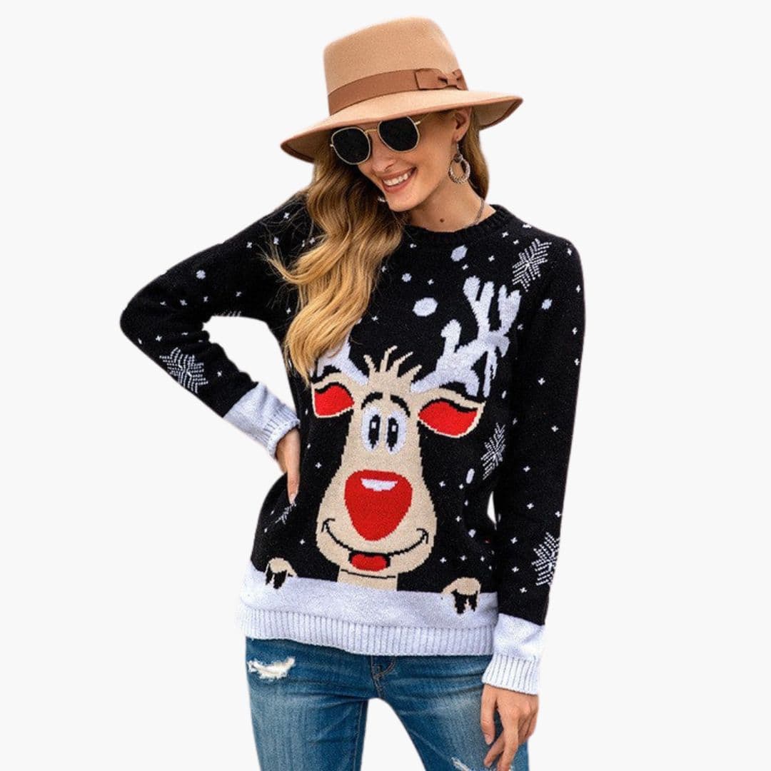 Pull Femme avec Motif Renne et Finitions Côtelées