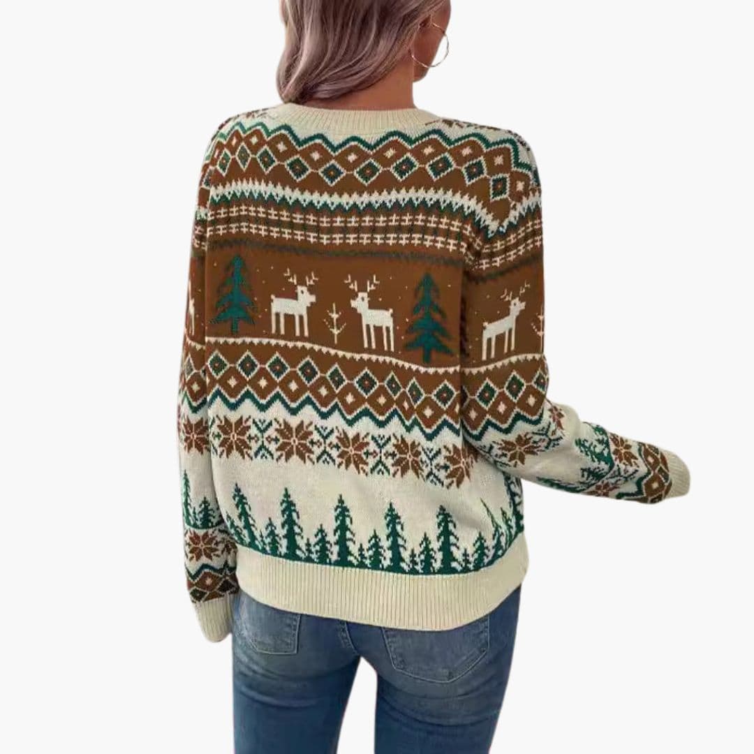 Pull Femme avec Finitions Côtelées et Motif Renne