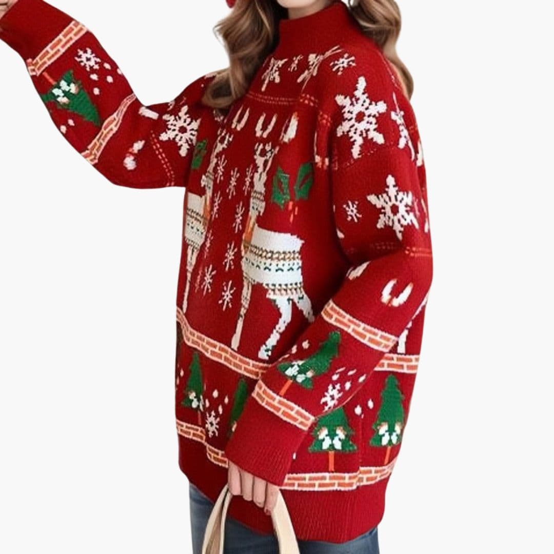 Pull Femme avec Motif Renne et Ourlet Côtelé