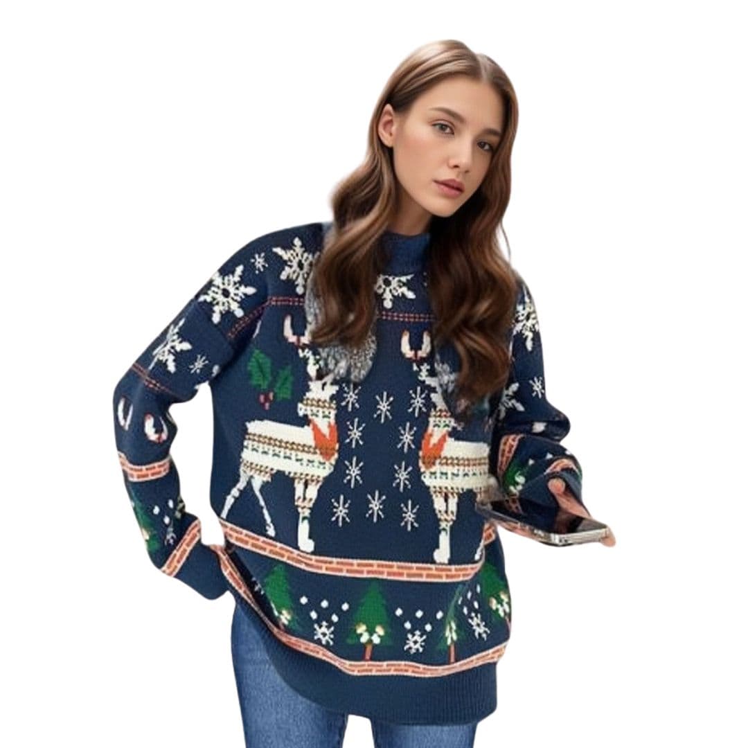 Pull Femme avec Motif Renne et Ourlet Côtelé