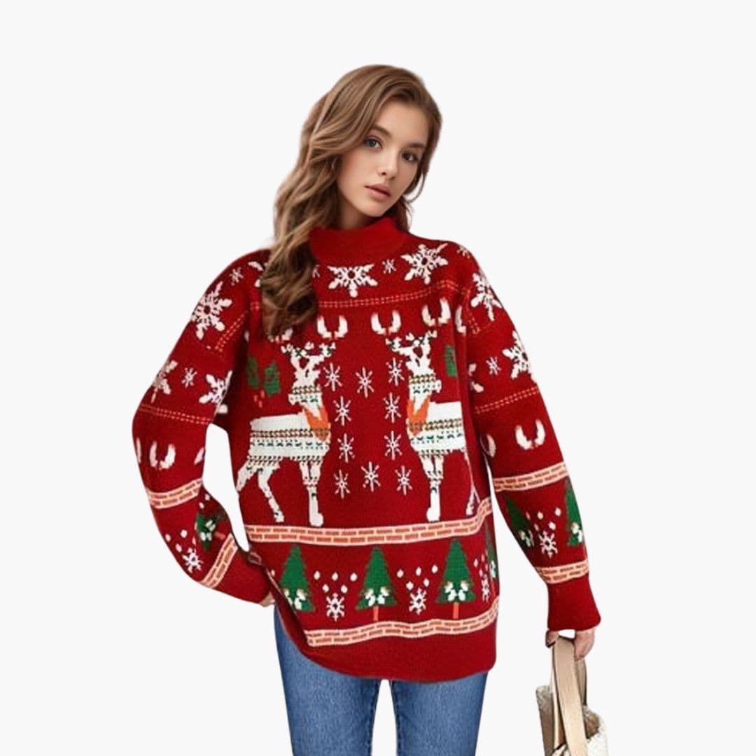 Pull Femme avec Motif Renne et Ourlet Côtelé