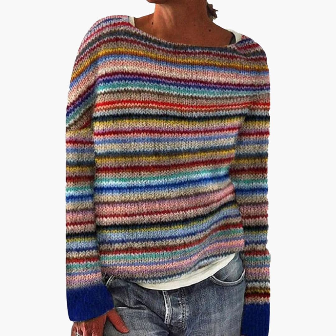 Pull Femme en Maille Rayures Multicolores Col Rond