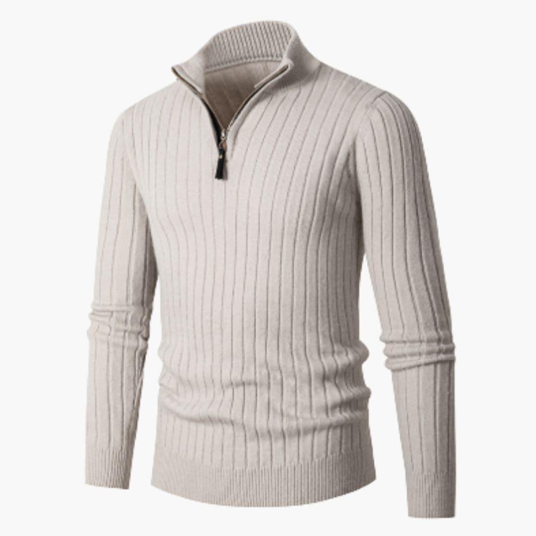 Pull Homme Demi Zip Col Montant Maille Côtelée