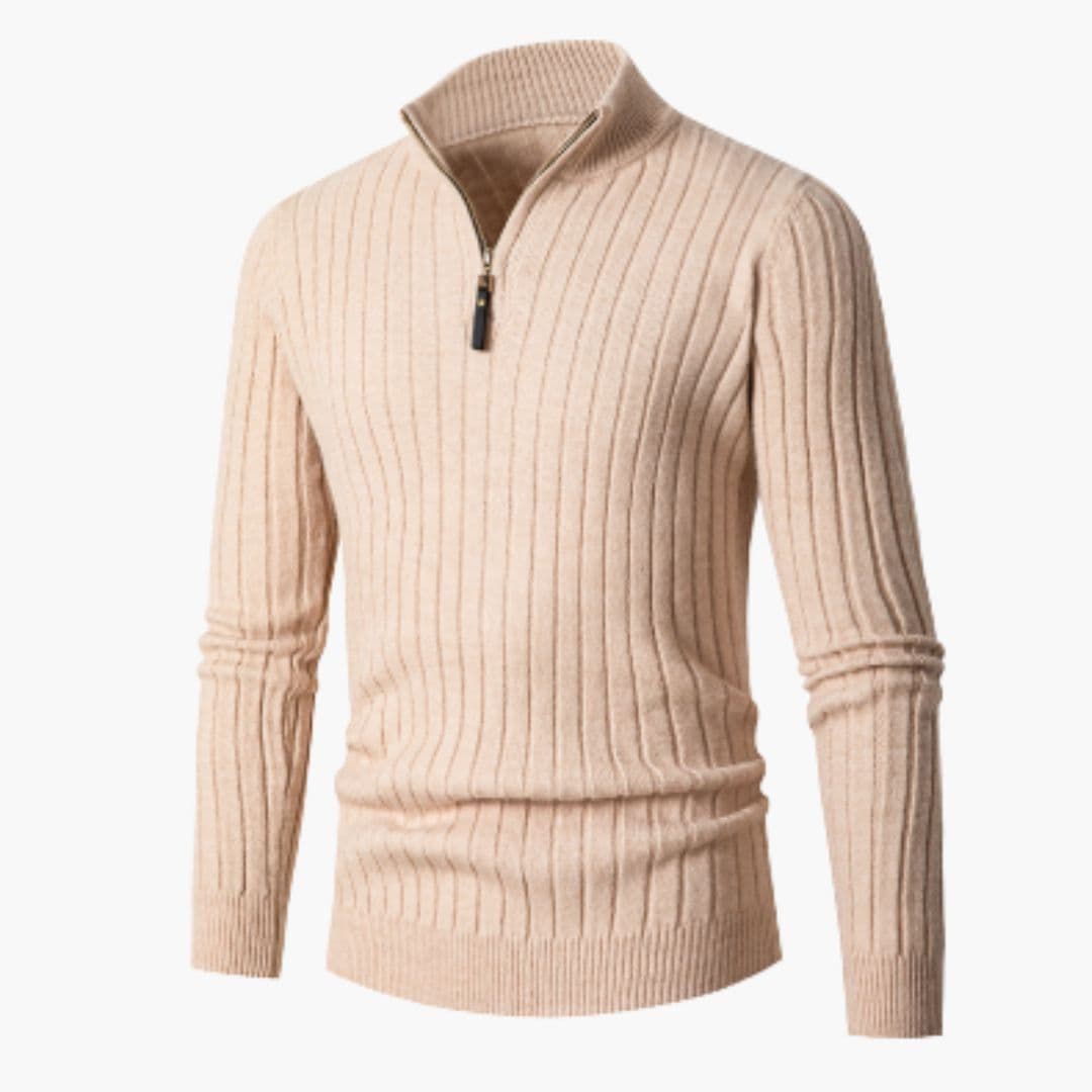 Pull Homme Demi Zip Col Montant Maille Côtelée