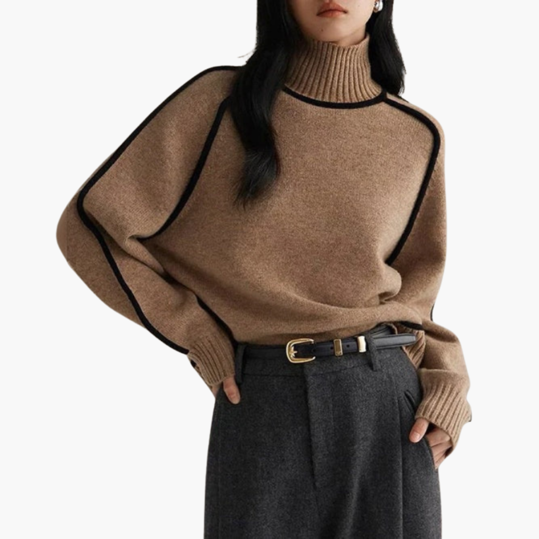 Pull à Col Roulé pour Femme à Manches Longues et Ourlet Côtelé