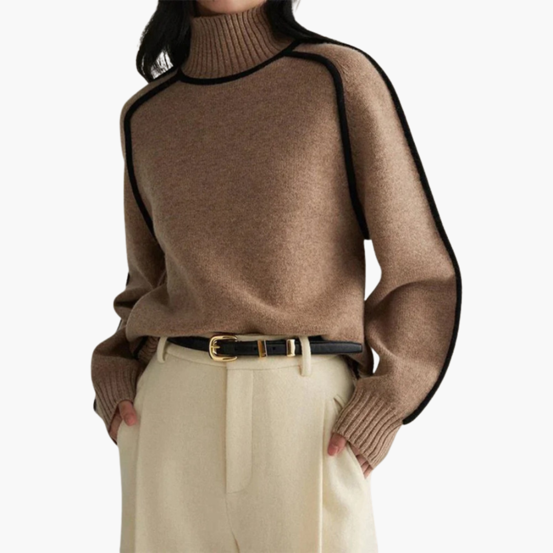 Pull à Col Roulé pour Femme à Manches Longues et Ourlet Côtelé