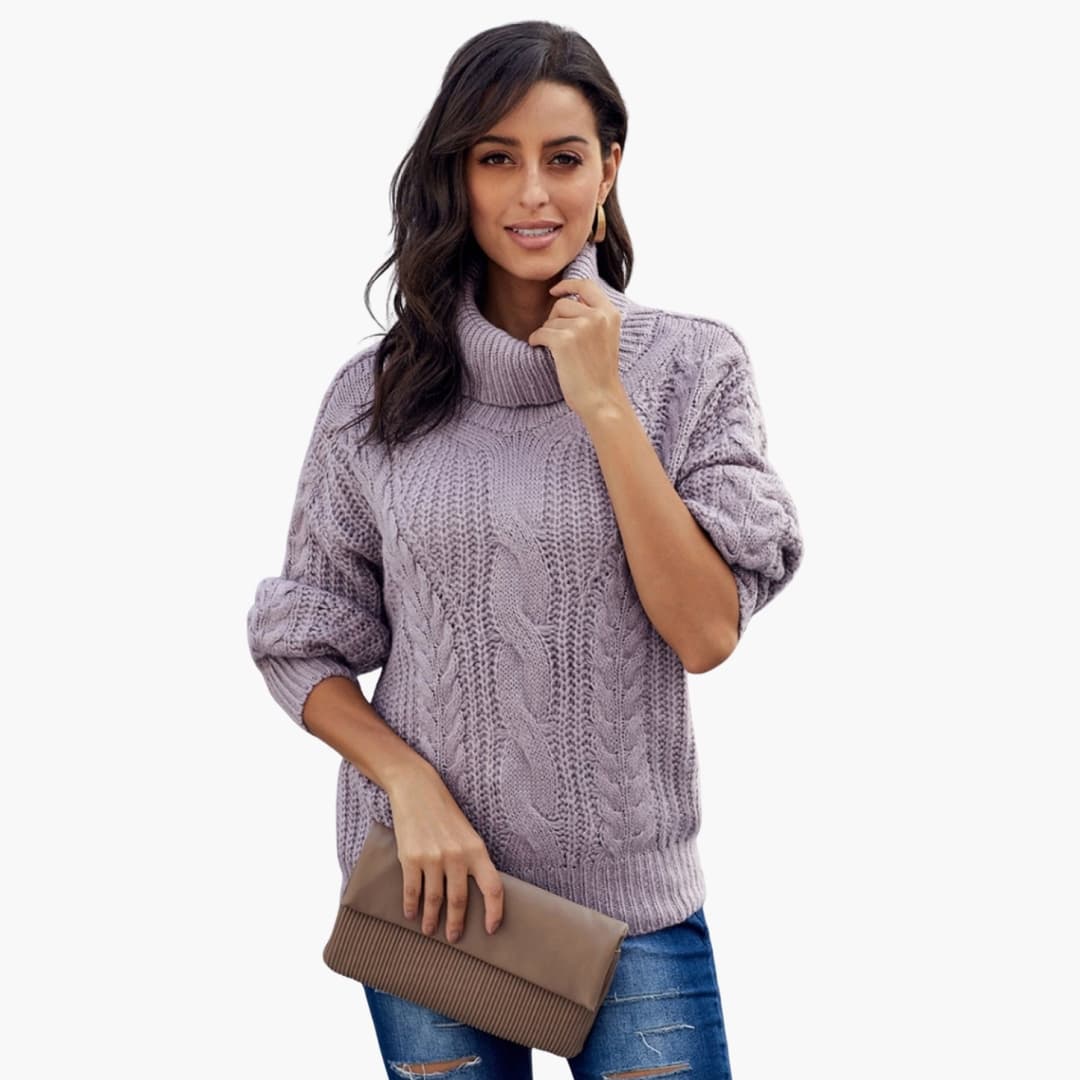 Pull à col roulé femme avec manches longues et maille torsadée
