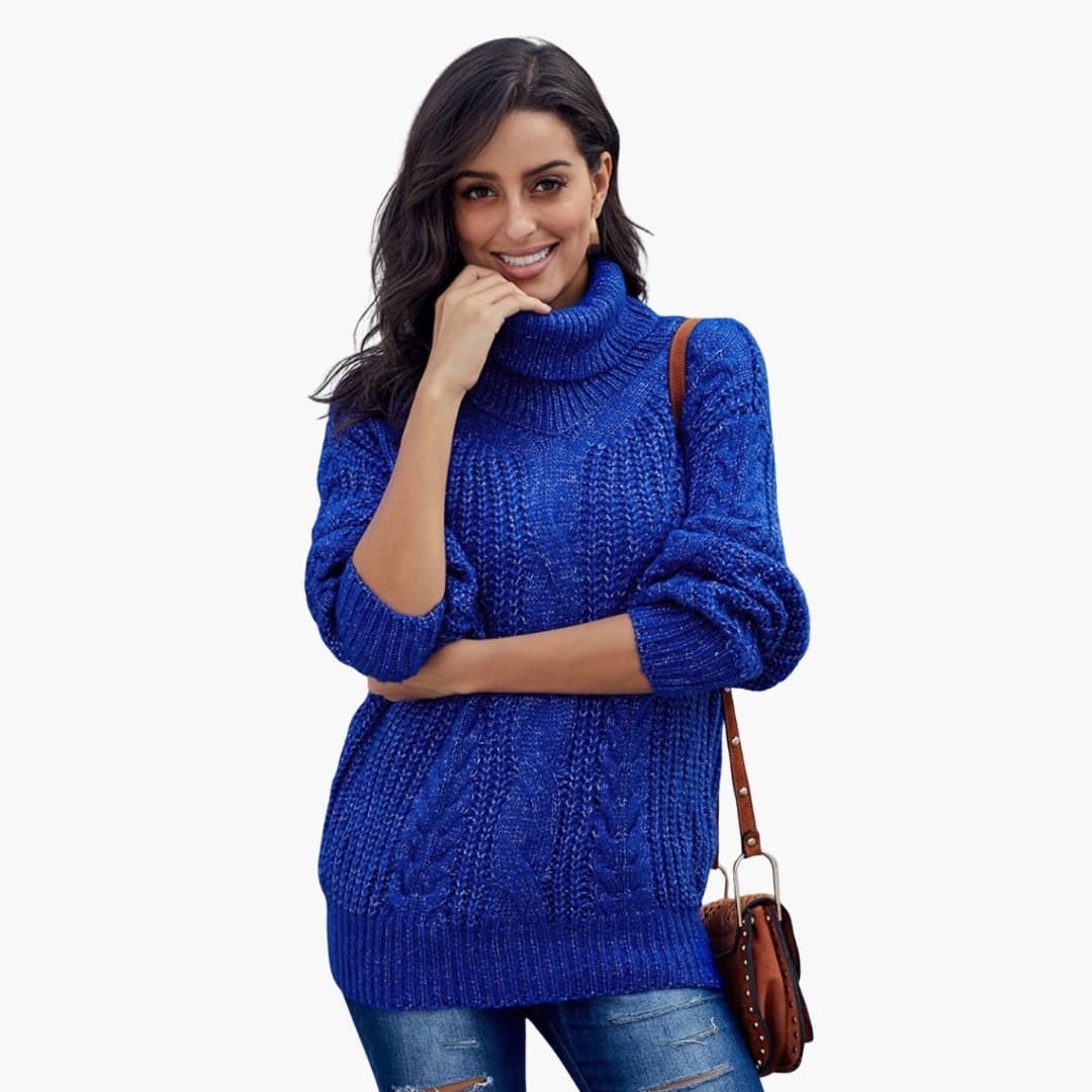 Pull à col roulé femme avec manches longues et maille torsadée