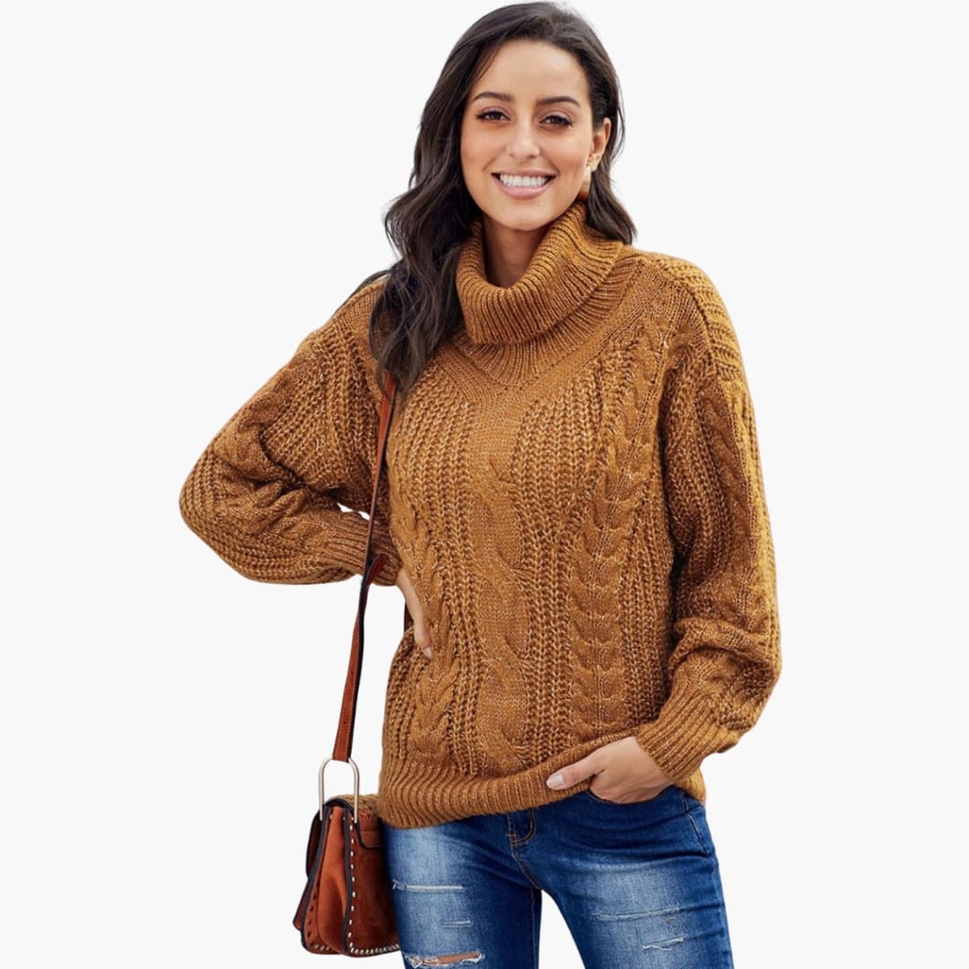 Pull à col roulé femme avec manches longues et maille torsadée