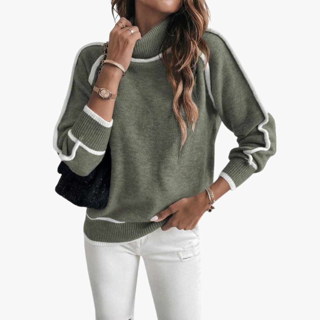 Suéter de cuello alto para mujer con borde contrastante y mangas largas