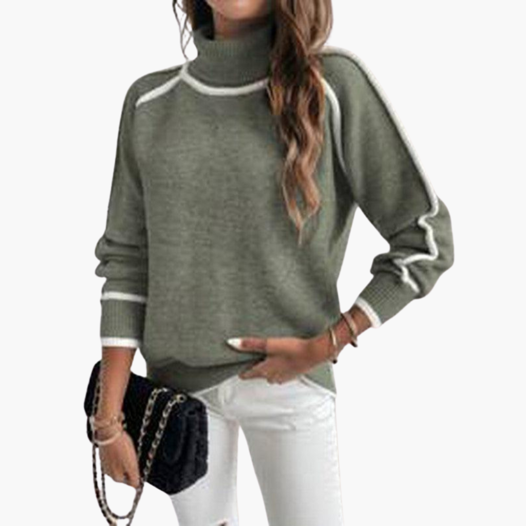 Pull de gola alta para mulher com borda contrastante e mangas compridas