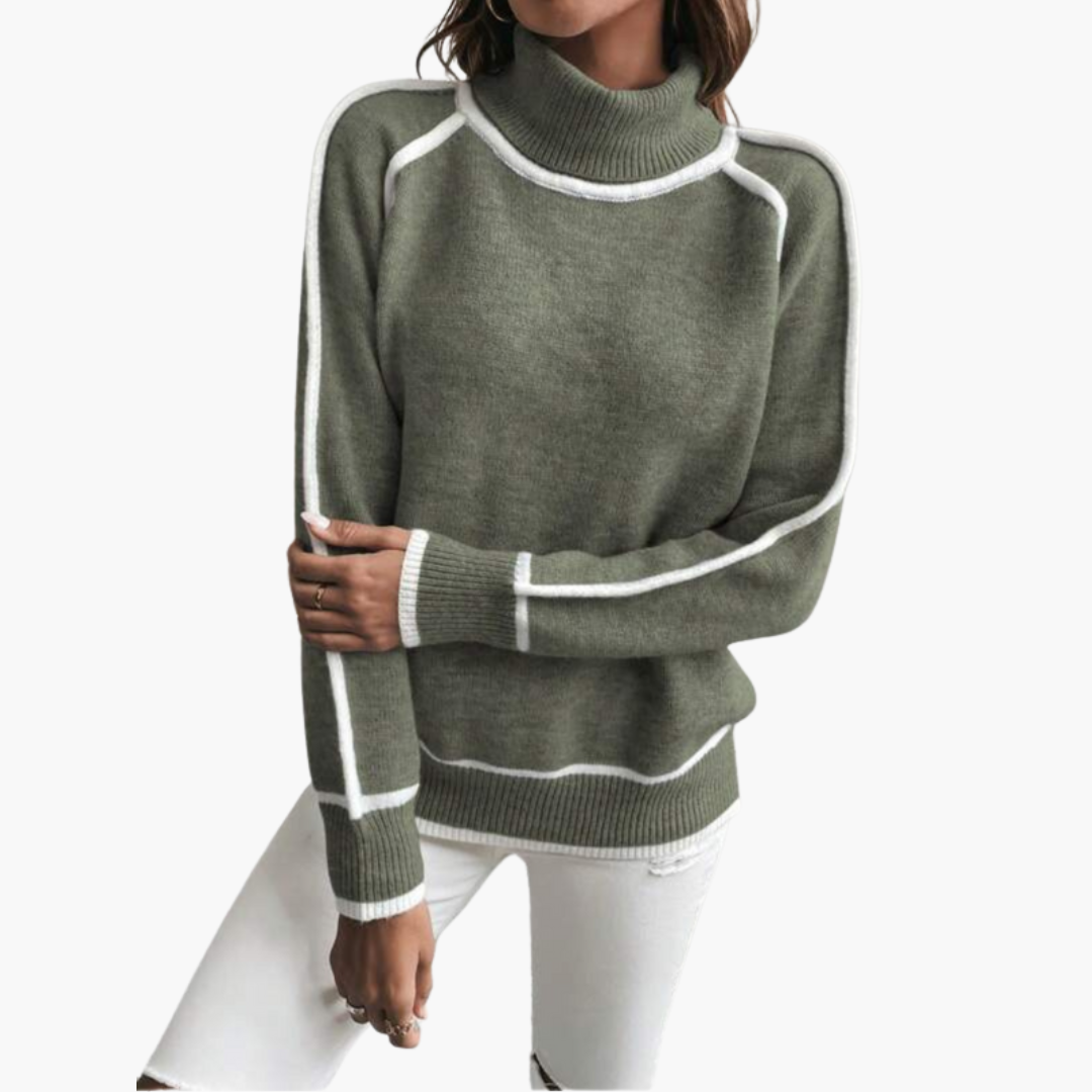 Pull de gola alta para mulher com borda contrastante e mangas compridas