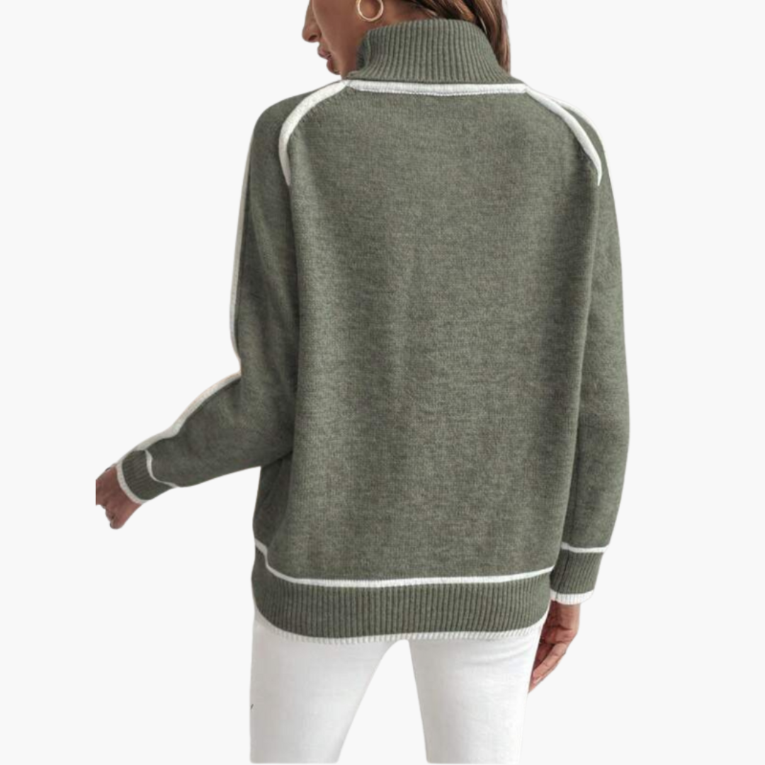 Pull de gola alta para mulher com borda contrastante e mangas compridas