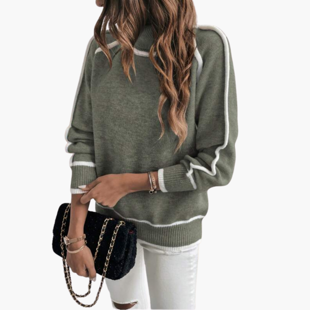 Pull de gola alta para mulher com borda contrastante e mangas compridas