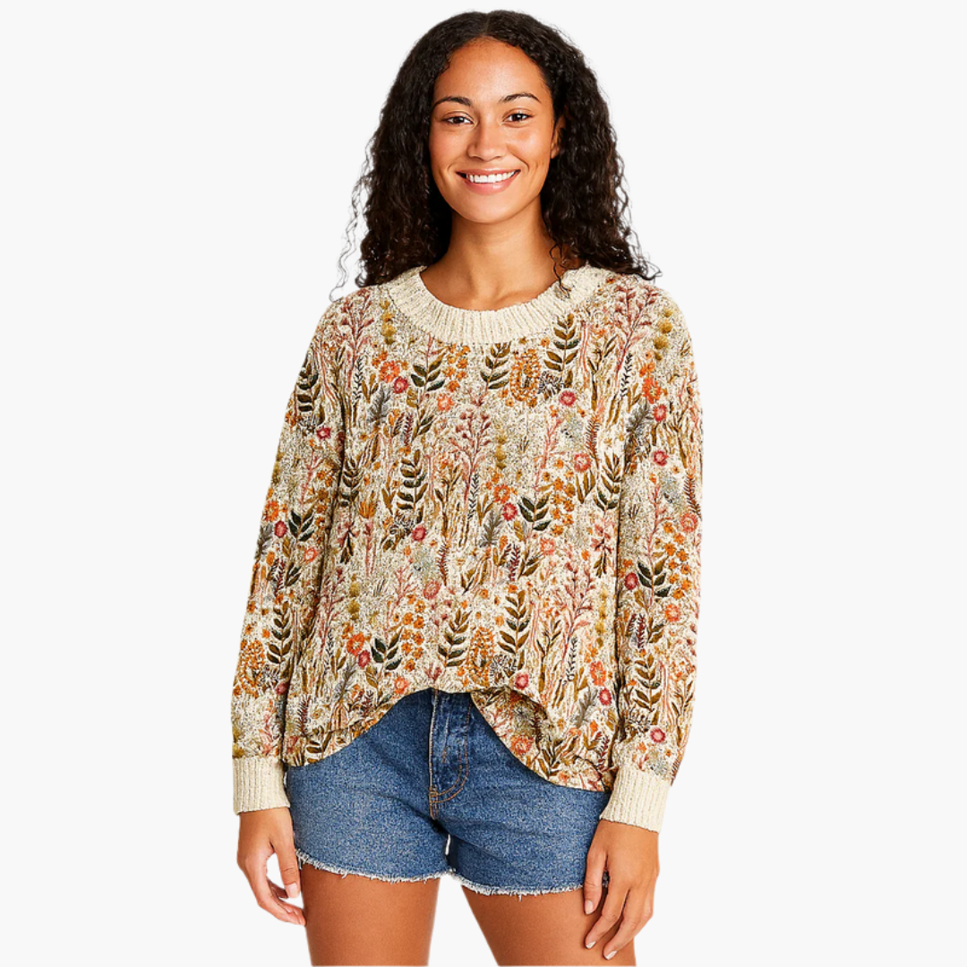 Maglione floreale da donna con collo rotondo e maniche lunghe