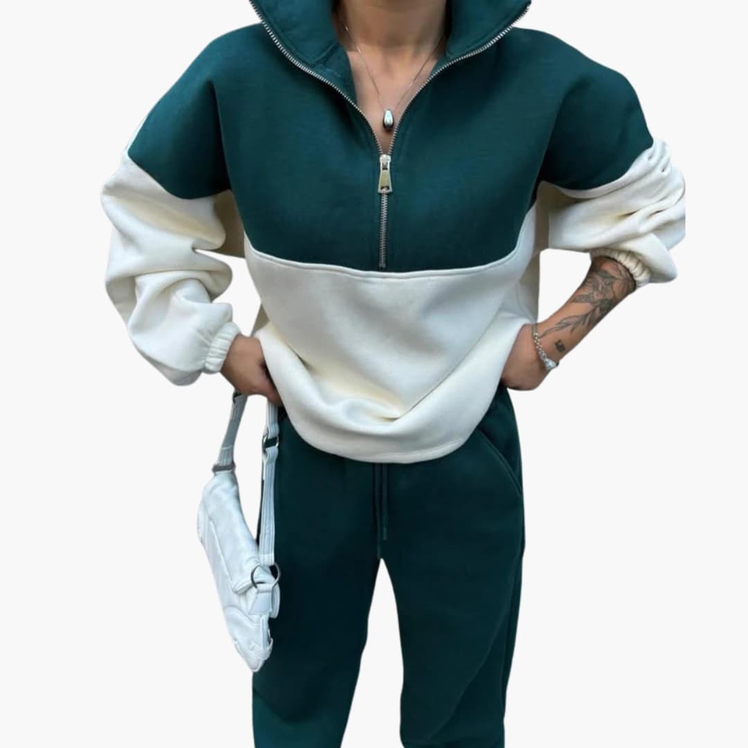 Sudadera bicolor para mujer con media cremallera y hombros caídos