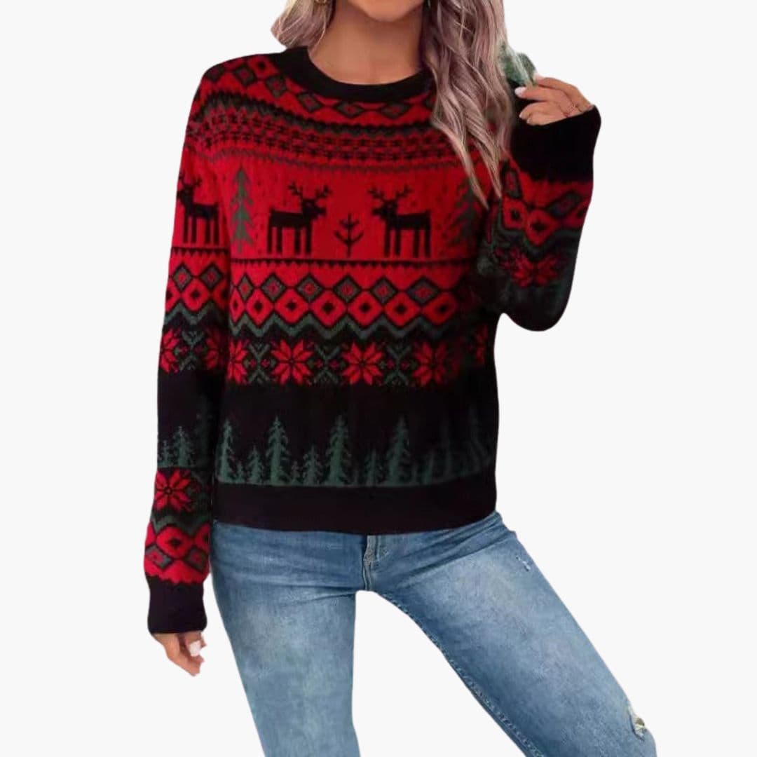 Pull de Noël Femme avec Ourlets Côtelés et Motif Renne