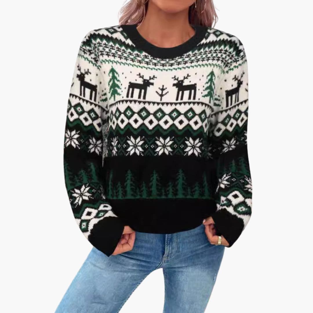 Pull de Noël Femme avec Ourlets Côtelés et Motif Renne