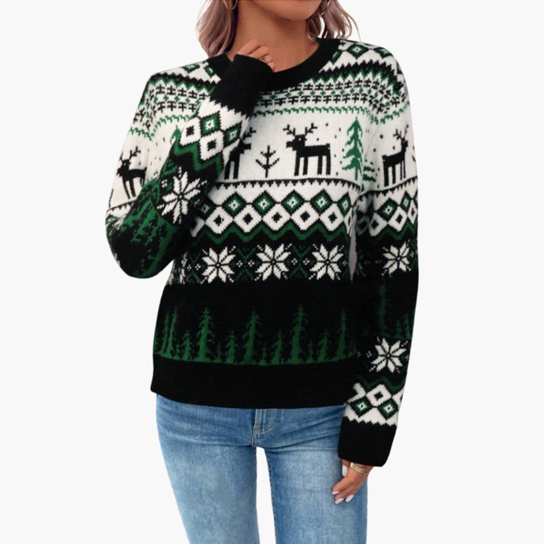 Pull de Noël Femme avec Ourlets Côtelés et Motif Renne