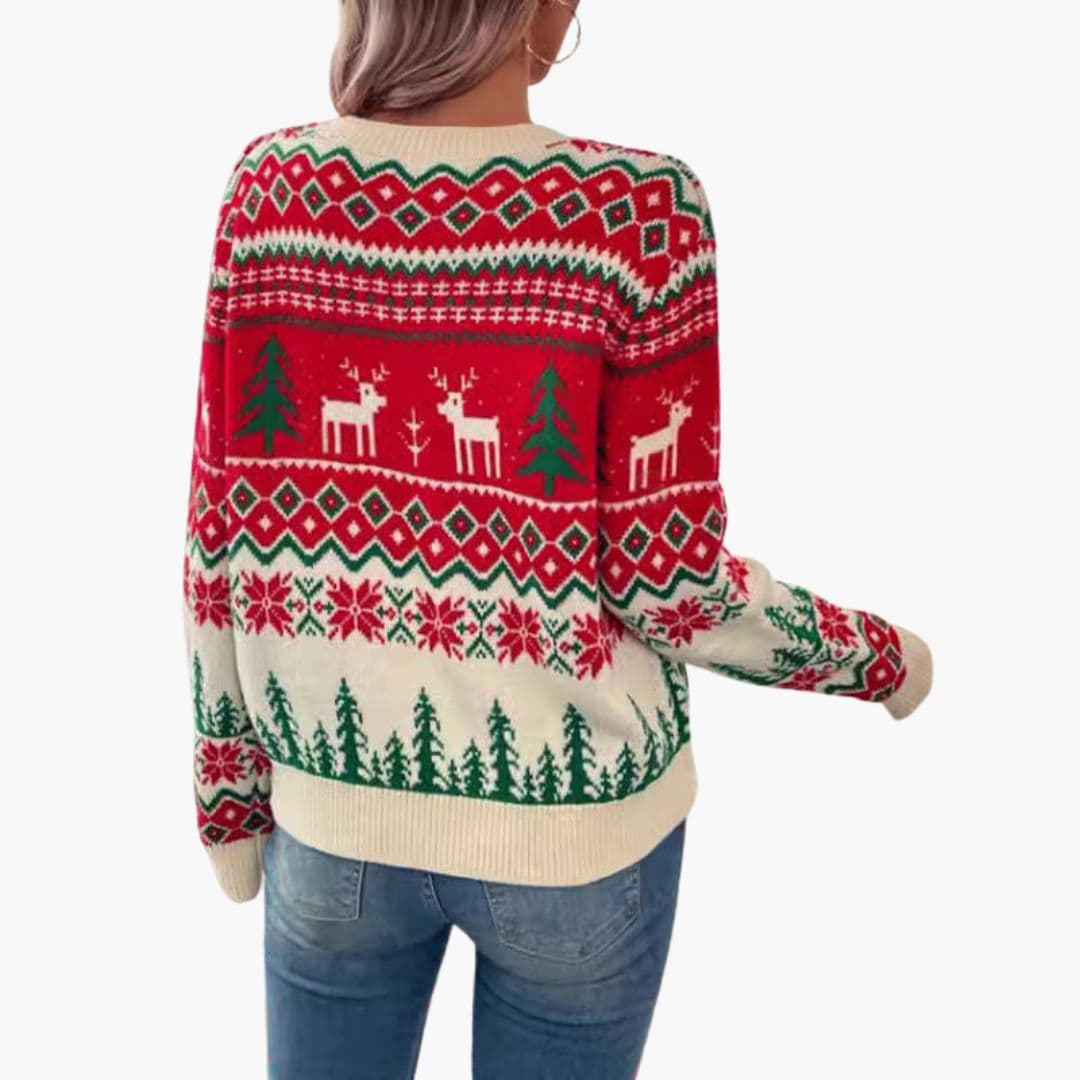 Pull de Noël Femme avec Ourlets Côtelés et Motif Renne