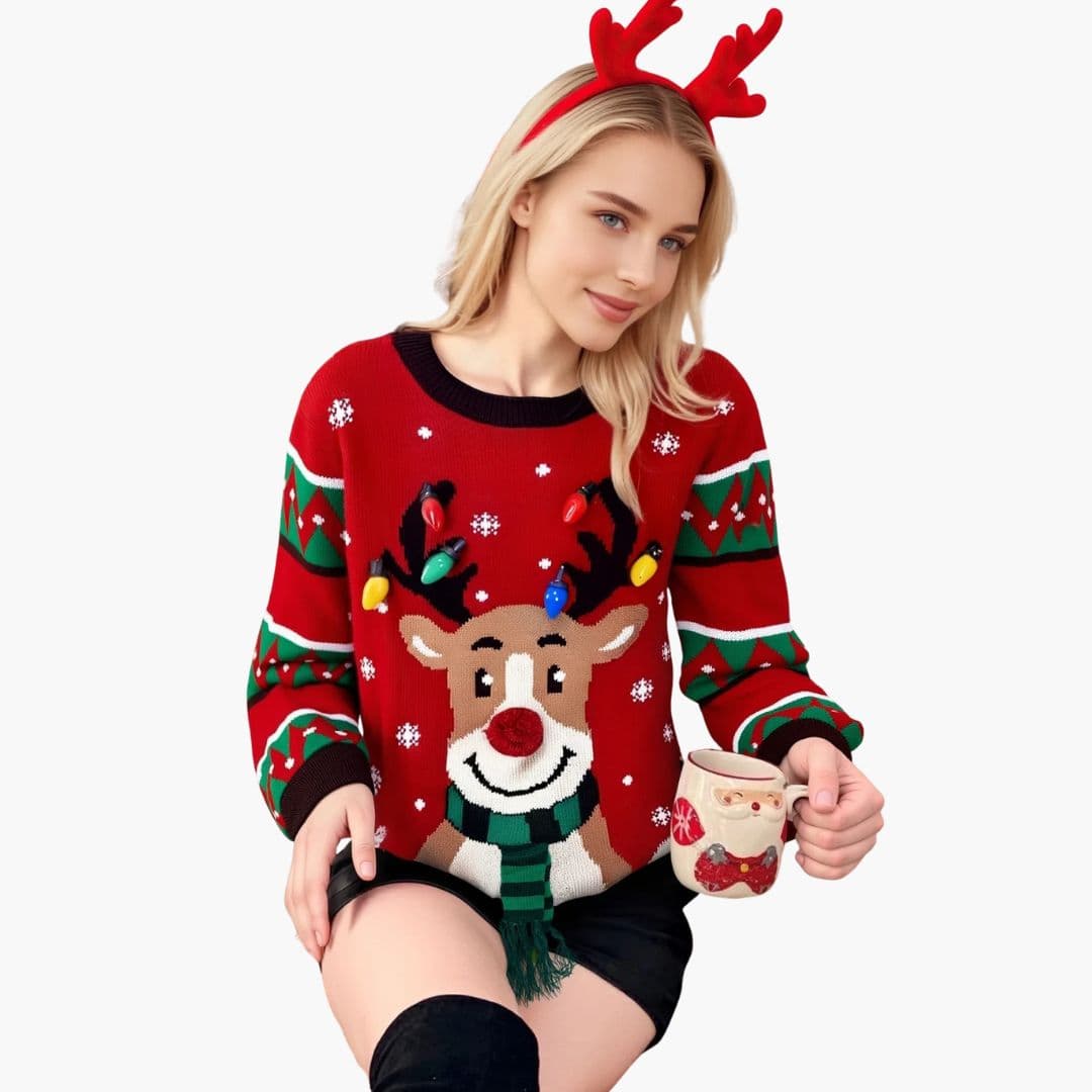Pull de Noël femme à col rond avec motif renne