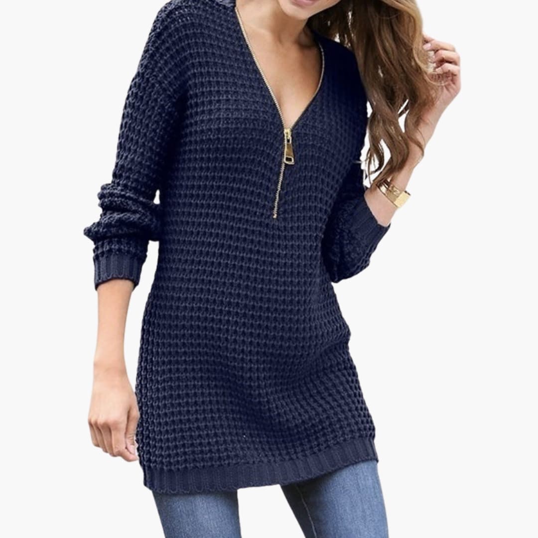 Suéter de punto grueso para mujer con cuello en V con cremallera en la parte delantera