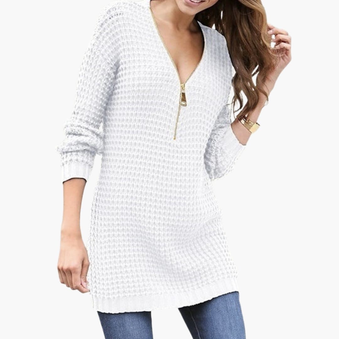 Suéter de punto grueso para mujer con cuello en V con cremallera en la parte delantera