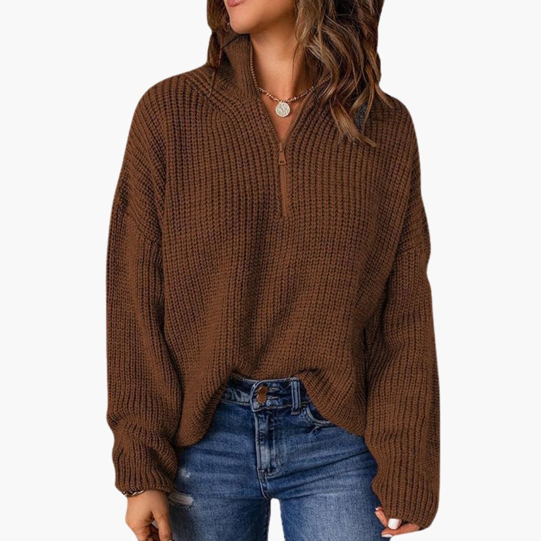 Suéter de punto grueso para mujer con media cremallera y cuello alto