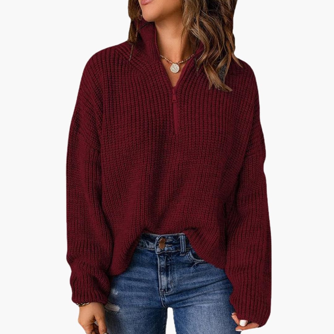 Suéter de punto grueso para mujer con media cremallera y cuello alto