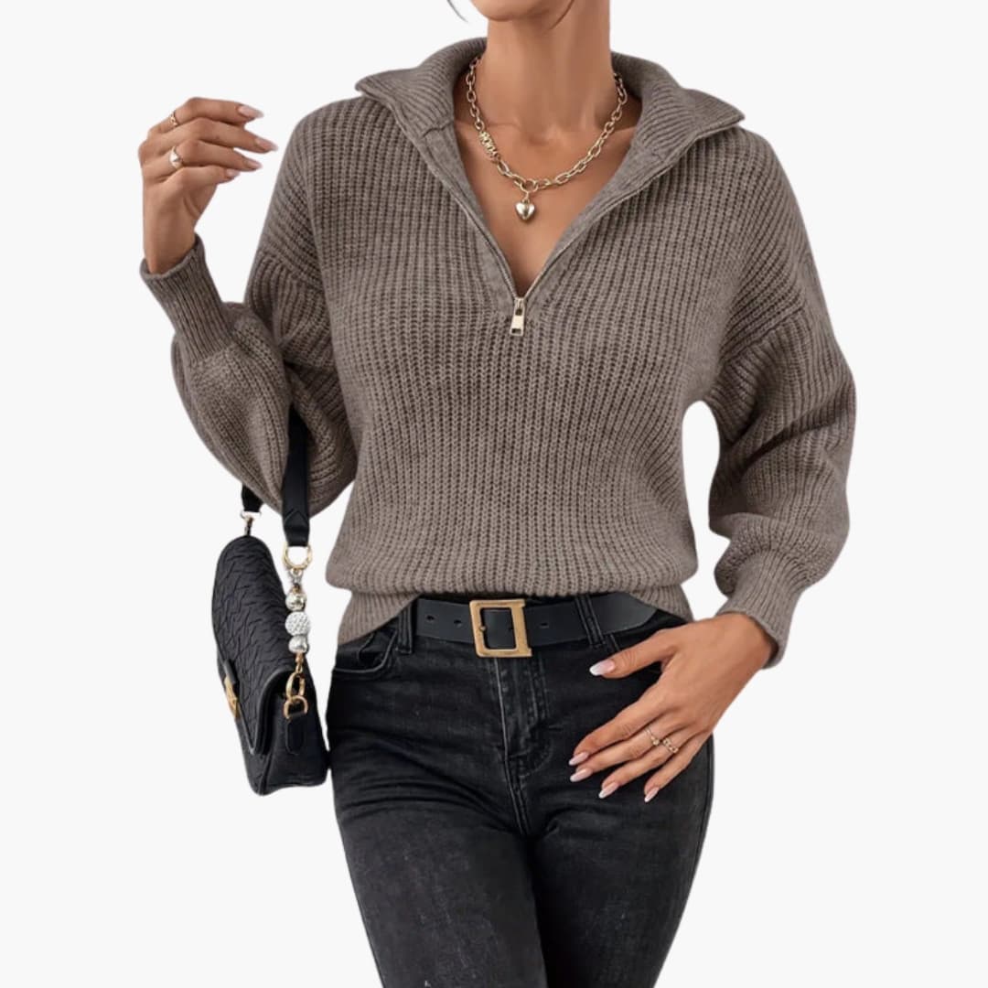 Suéter de punto con cuello alto para mujer con media cremallera