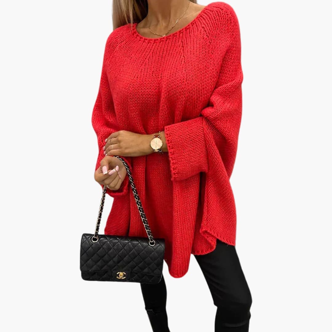 Löst stickad tröja för kvinnor med rund halsringning