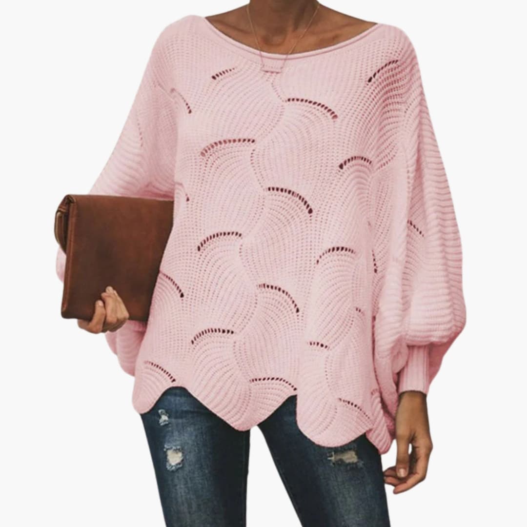 Pull en maille ample pour femme avec ourlet festonné et manches chauve souris