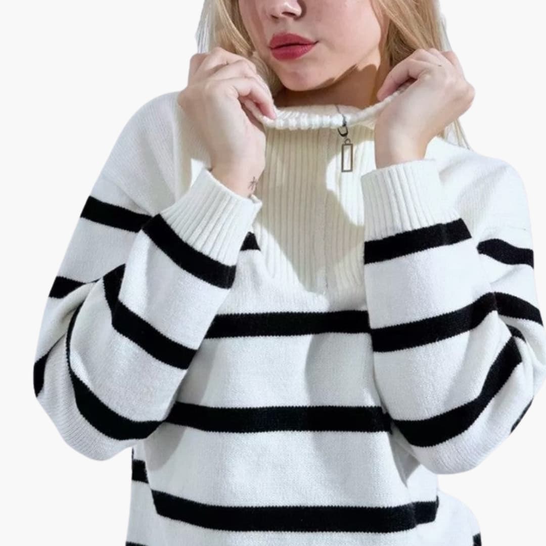 Suéter de punto a rayas para mujer con cuello medio con cremallera
