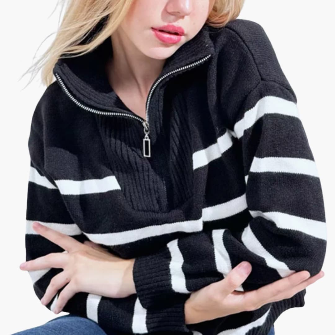 Suéter de punto a rayas para mujer con cuello medio con cremallera