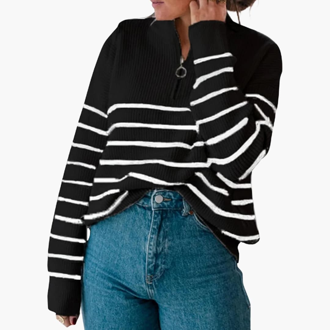 Suéter de punto a rayas para mujer con medio cierre de cremallera