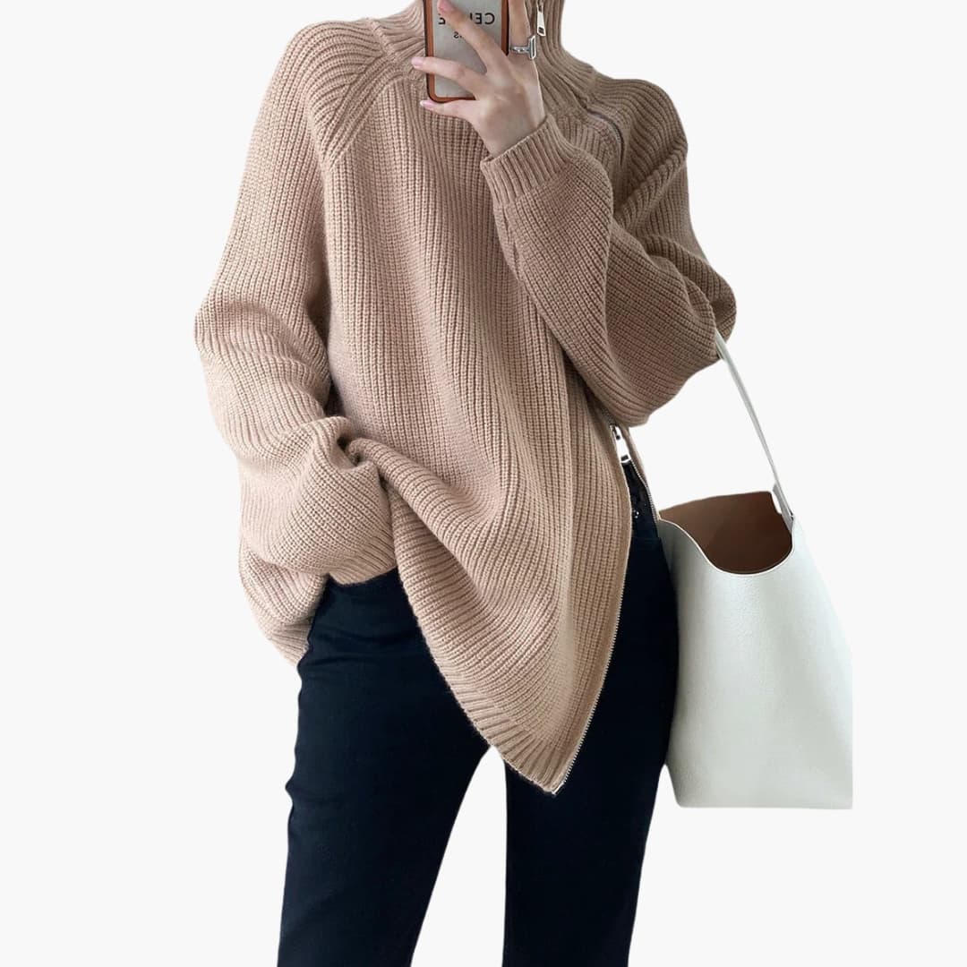 Pull en maille côtelée pour femme avec fermeture zippée latérale et col montant