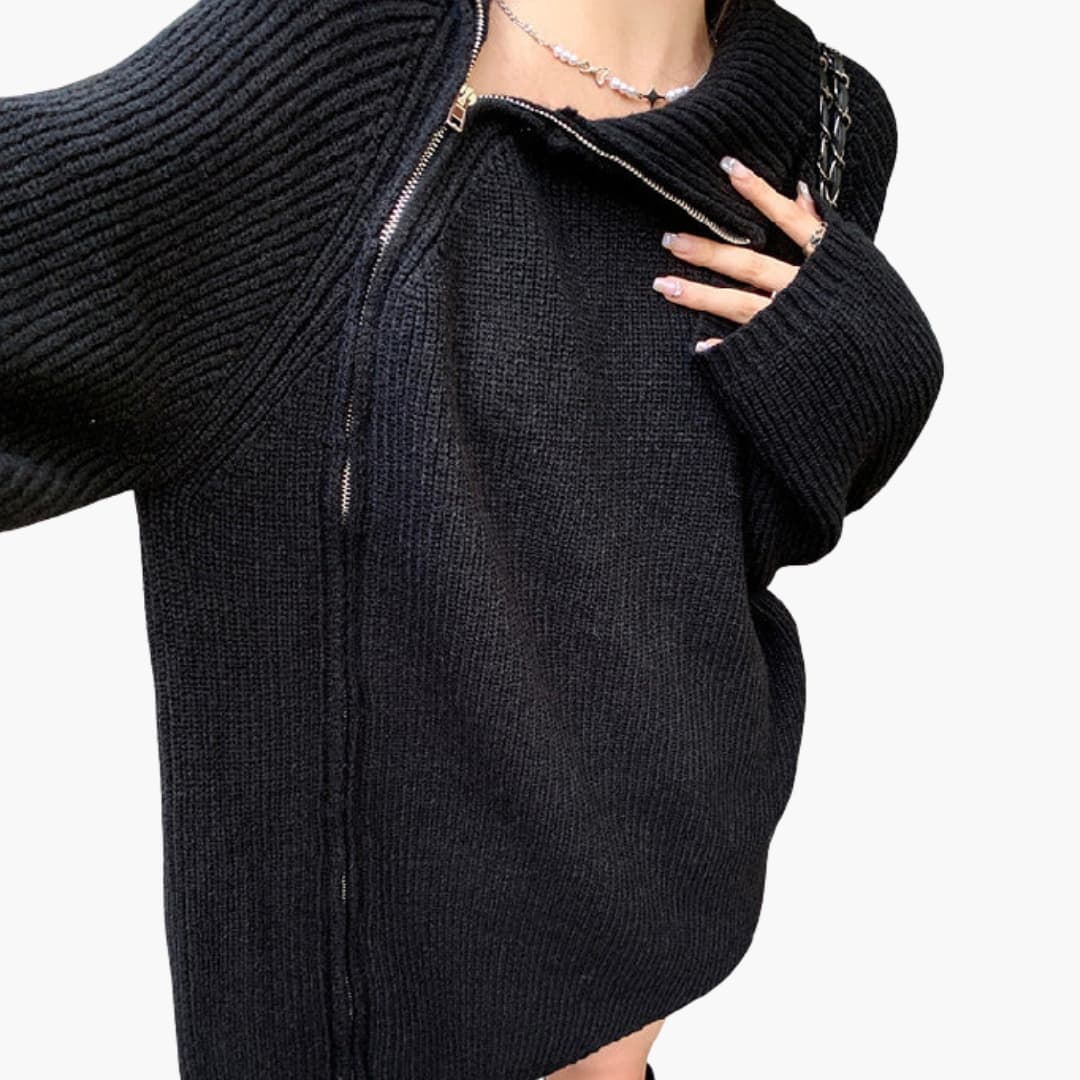 Pulôver de malha canelada para mulher com fecho lateral e gola alta