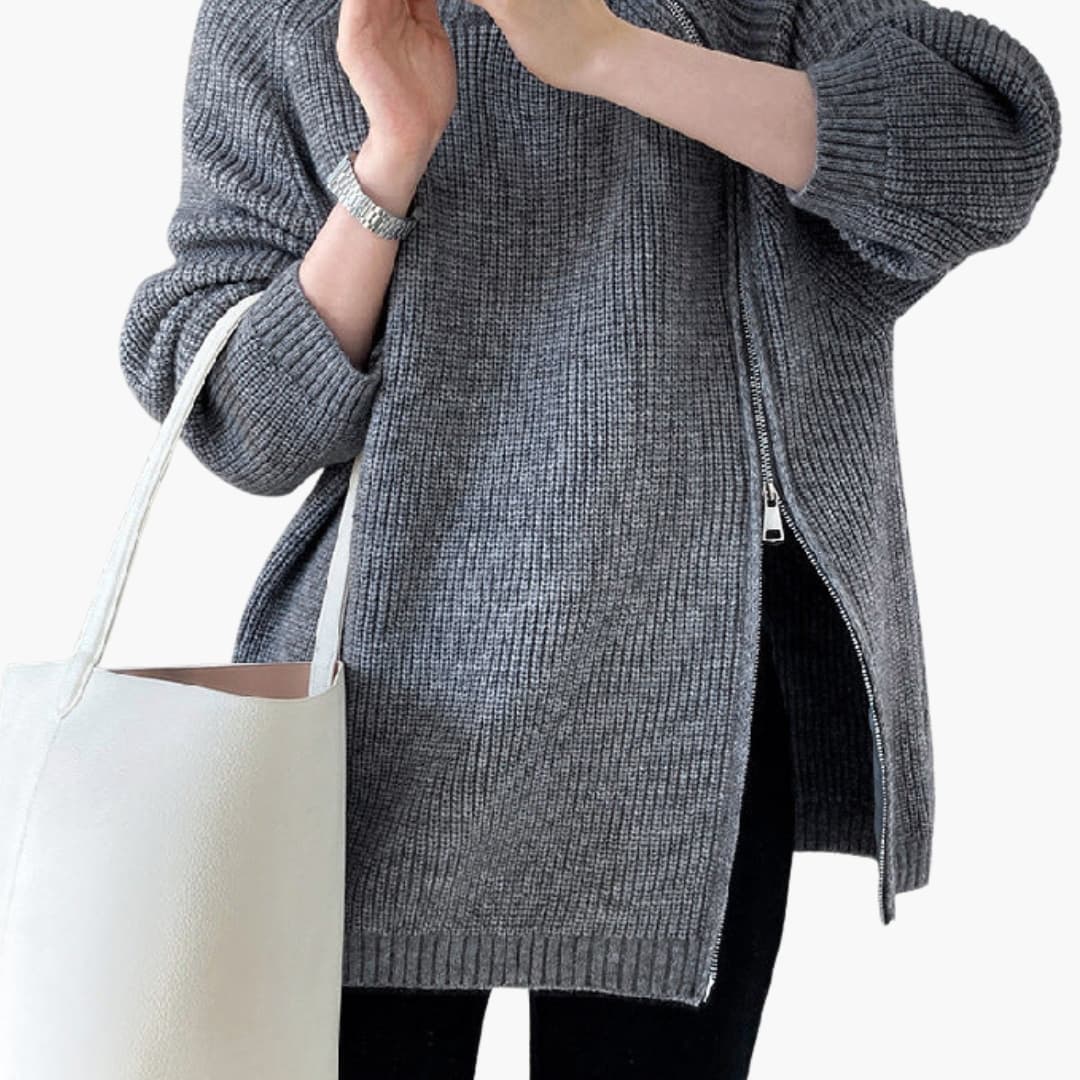 Pulôver de malha canelada para mulher com fecho lateral e gola alta