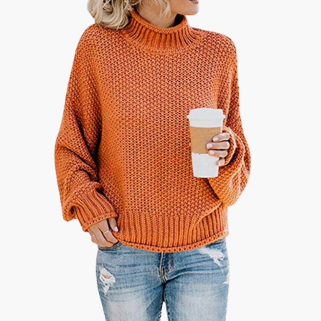 Pull de malha para mulher com gola alta e superfície texturizada